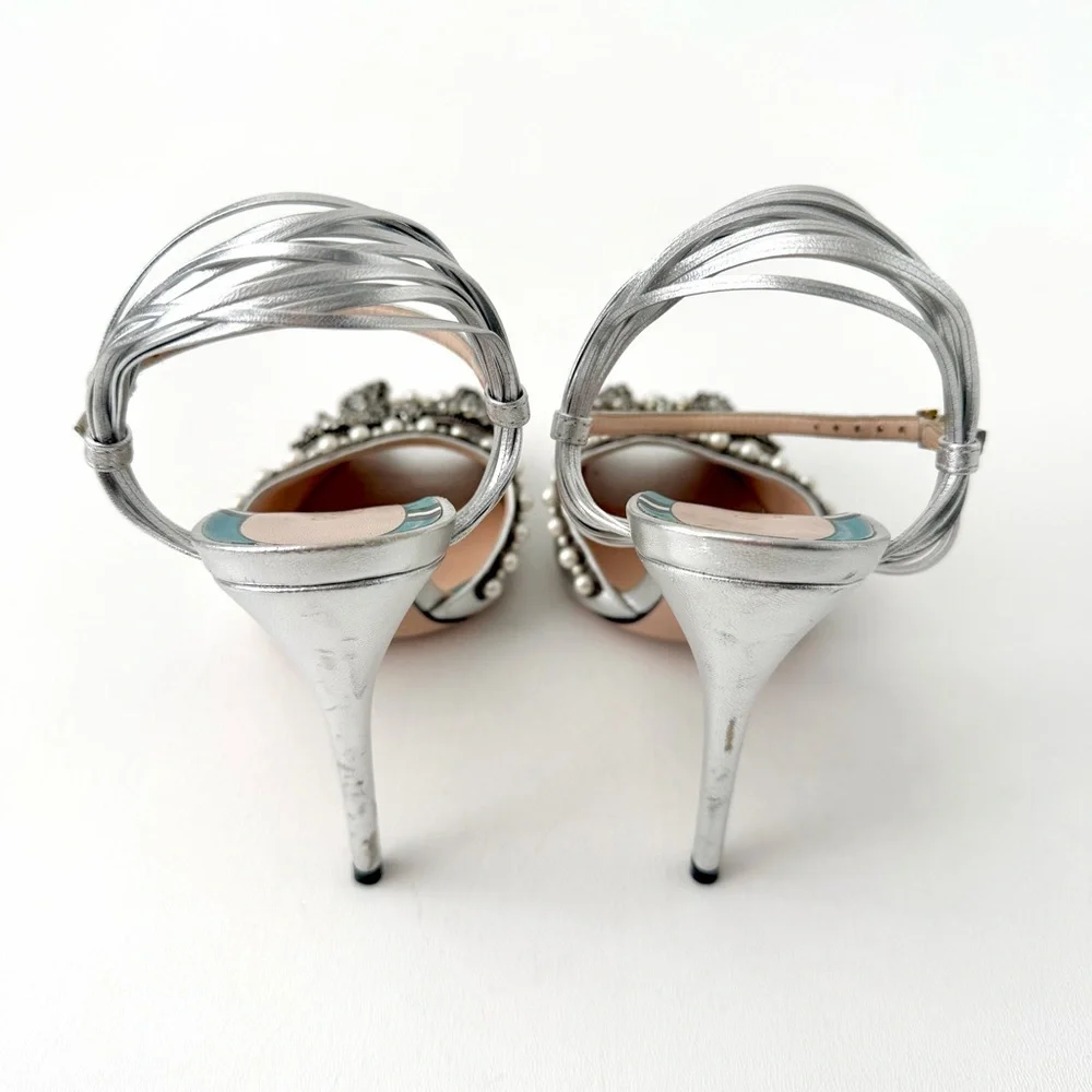 GUCCI || Allie Bow Metallic Pearl Crystal Bridal Sandals Silver Heels EU 36.5